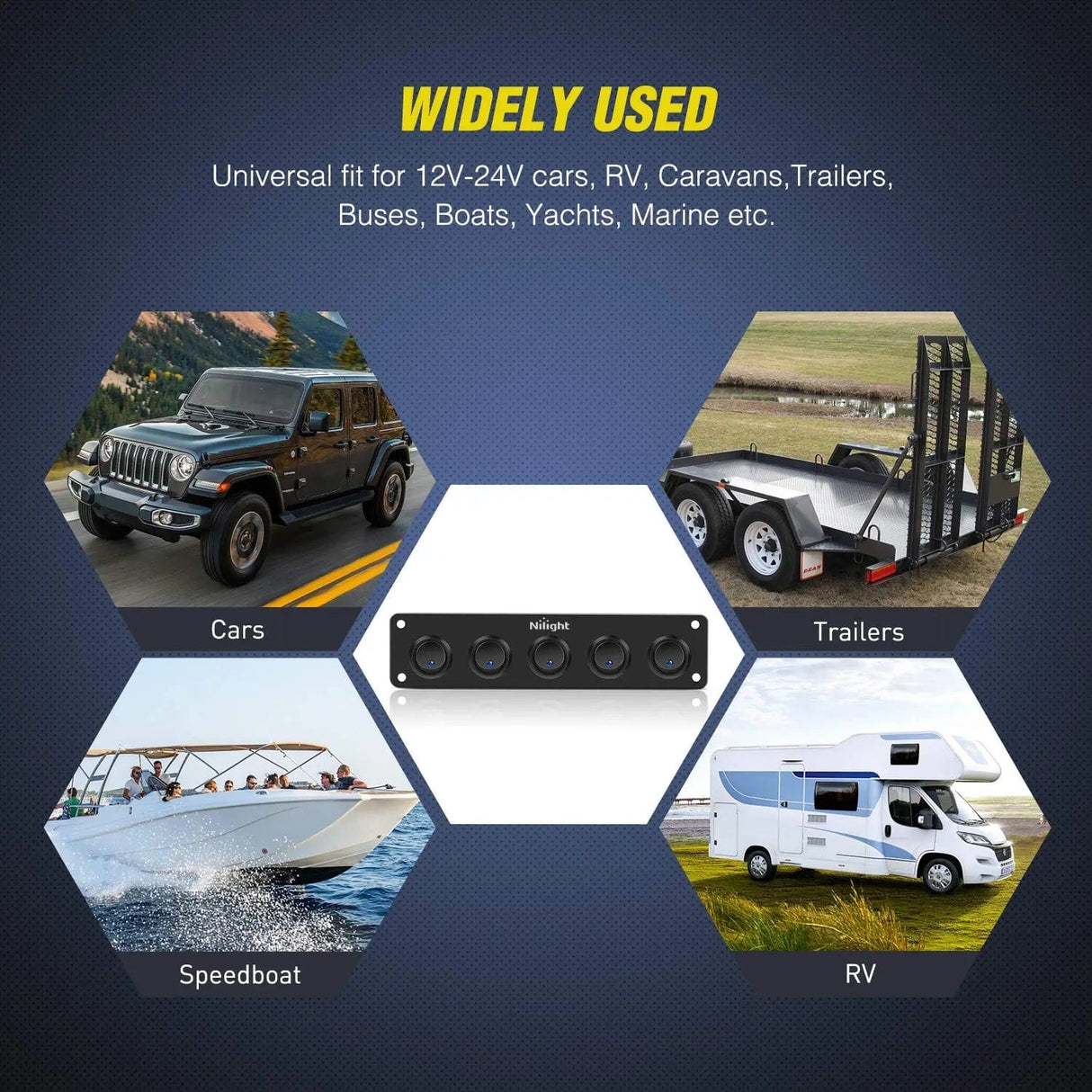 switch panel 5Gang 3Pin Rocker Switch Panel Blue