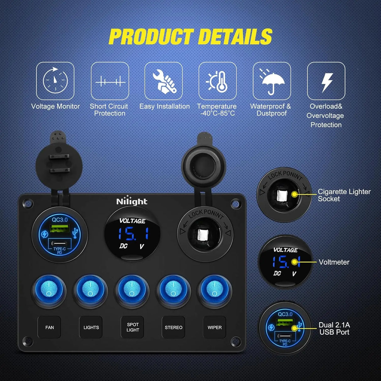 5Gang Multi Function Switch Panel PD Type C USB Charger Digital Voltmeter Nilight