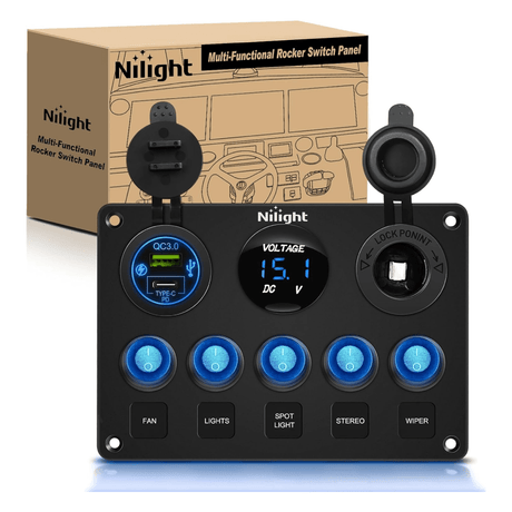 5Gang Multi Function Switch Panel PD Type C USB Charger Digital Voltmeter Nilight