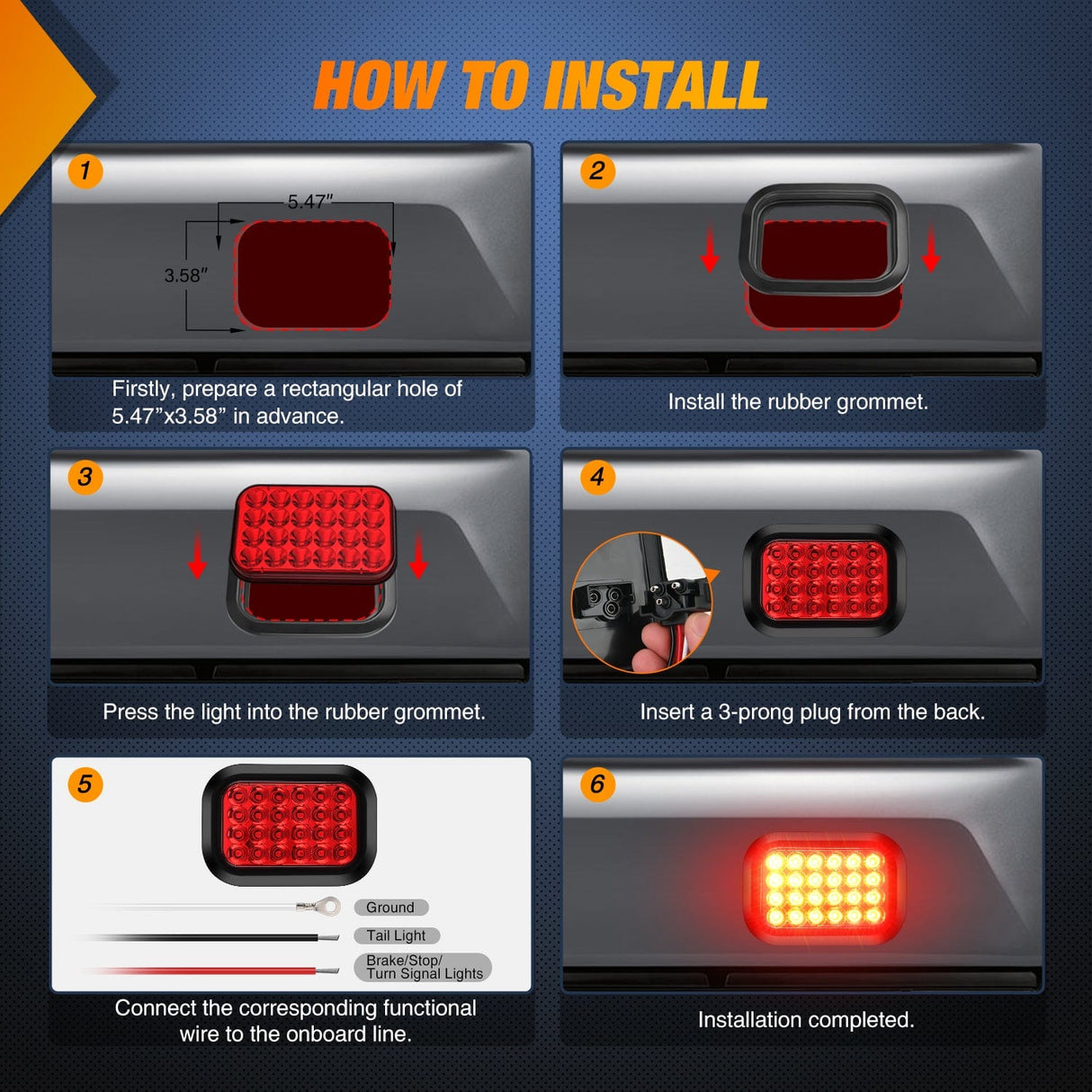 Tail Brake Turn Reverse Lights 6 Pcs 5 X 3 Inch 24 Led Red & White Rectangular Trailer Tail Light