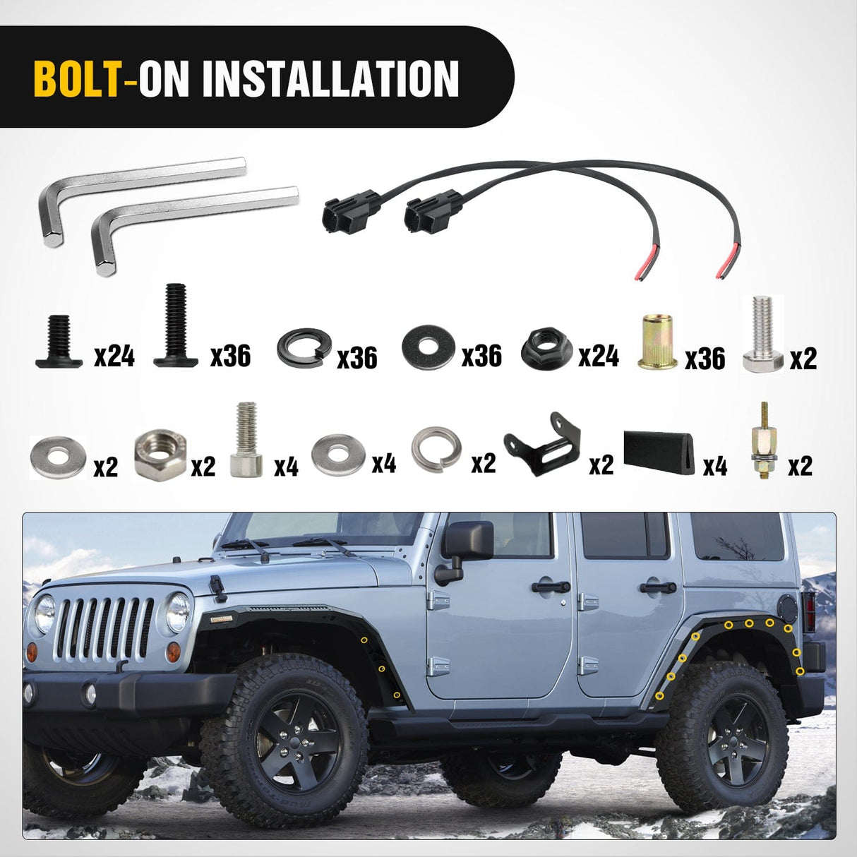 Fender 2007 2008 2009 2010 2011 2012 2013 2014 2015 2016 2017 2018 Jeep Wrangler JK 2 Door Wide Flat Front & Rear Fender Flares w/LED Lights Turn Signal Lights DRL