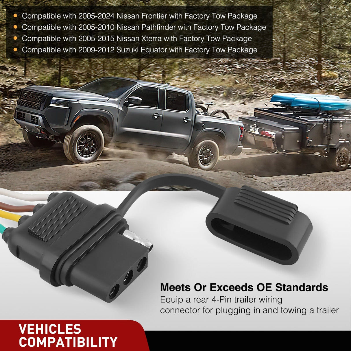 Wiring Harness Kit 4 Pin Trailer Wiring Harness 55441 Custom for 2005 2006 2007 2008 2009 2010 2011 2012 2013 2014 2015 2016 2017 2018 2019 2020 2021 2022 2023 2024 Nissan Frontier Xterra Pathfinder Suzuki Equator