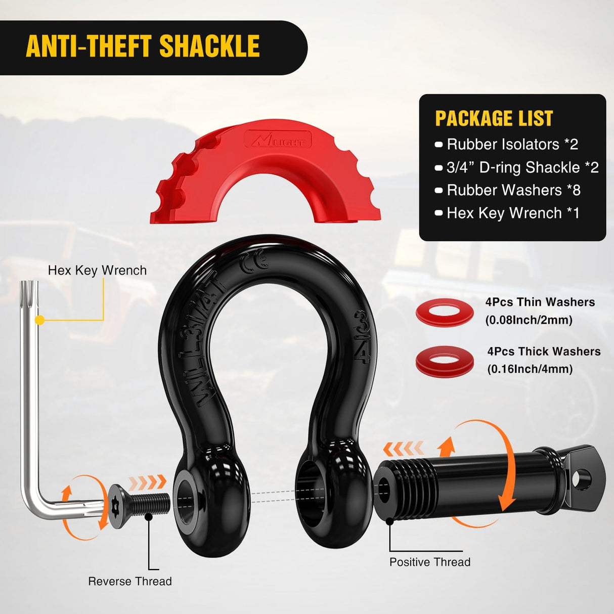 Shackle Recovery Ring 3 x 8 Inch Tow Strap with Winch Snatch Block Pulley and D-Ring Shackles