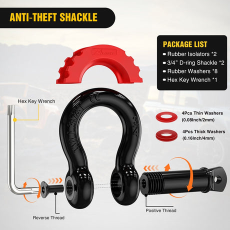 Shackle Recovery Ring 3 x 8 Inch Tow Strap with Winch Snatch Block Pulley and D-Ring Shackles