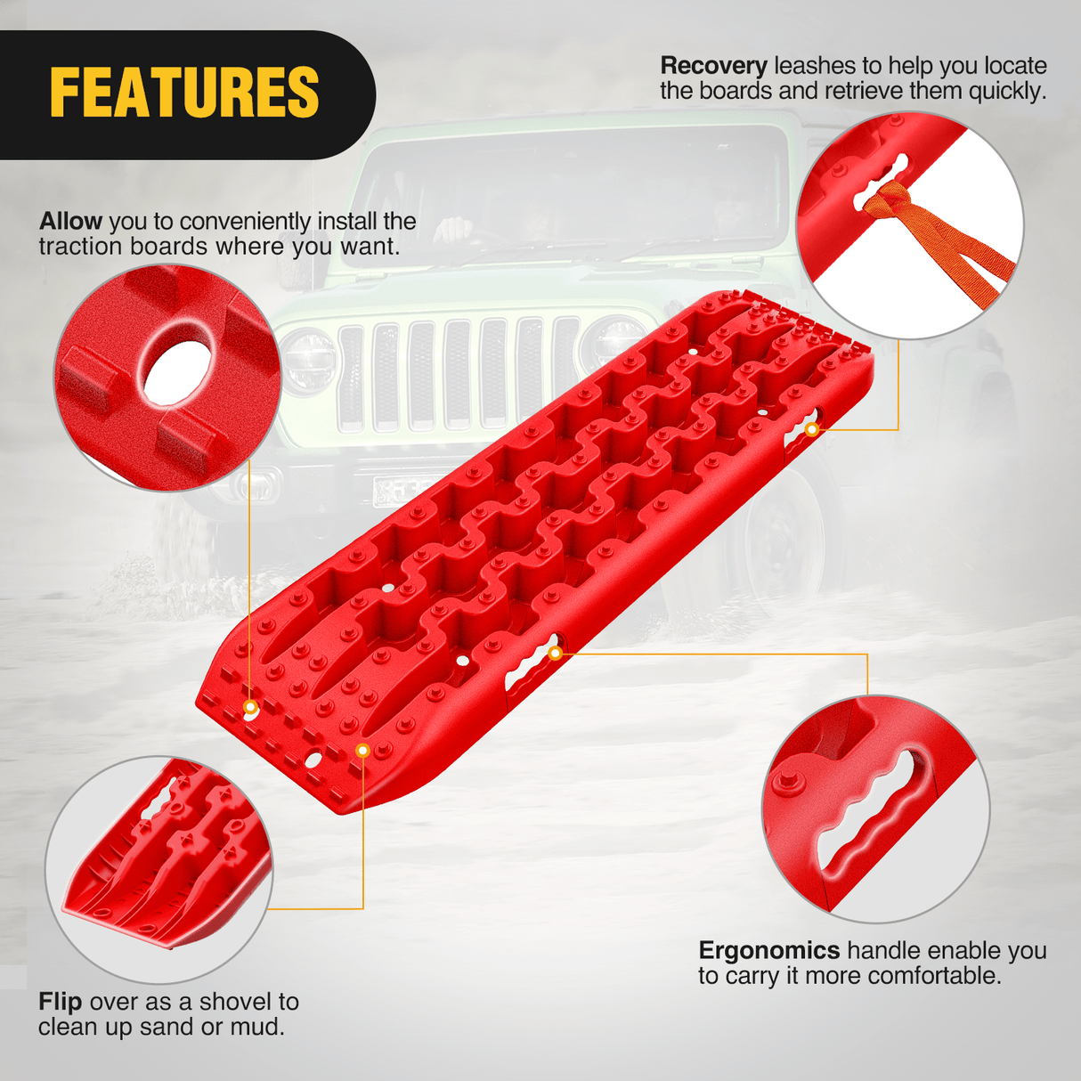 Traction Boards Off-Road Recovery Traction Boards For 4WD 4X4 with 2PCS Mounting kit Zipper Bag 2 leashes (Red)
