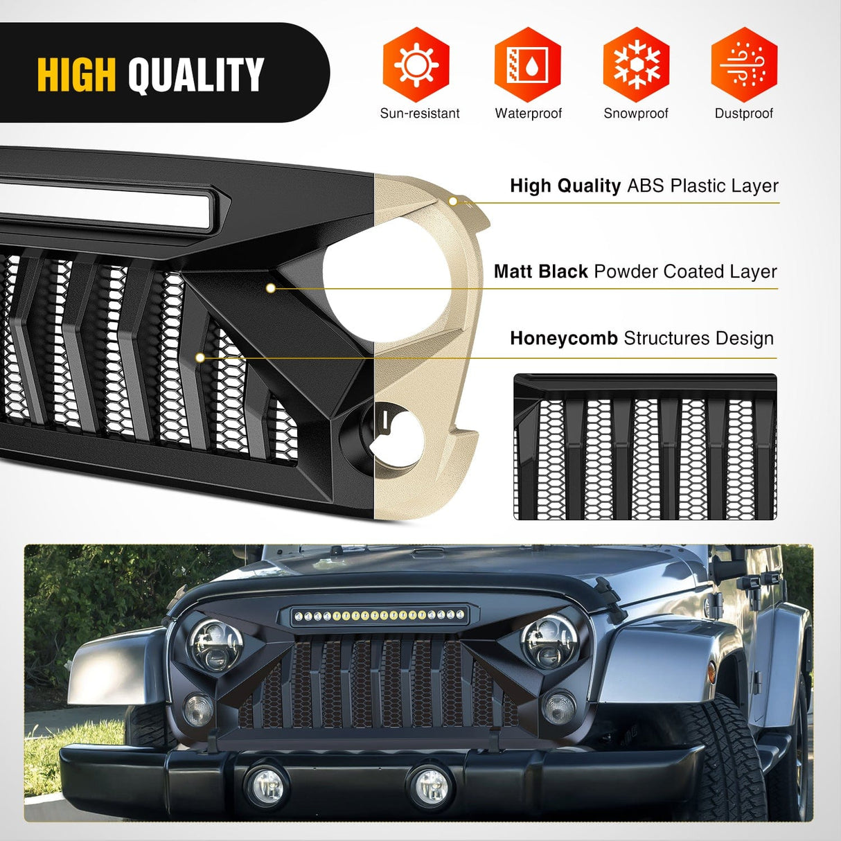 Front Bumper Front Bumper Grill Cover for 2007 2008 2009 2010 2011 2012 2013 2014 2015 2016 2017 2018 Wrangler JK/JKU Rubicon, & Sahara Sport with LED Work Light Pods Matte Black