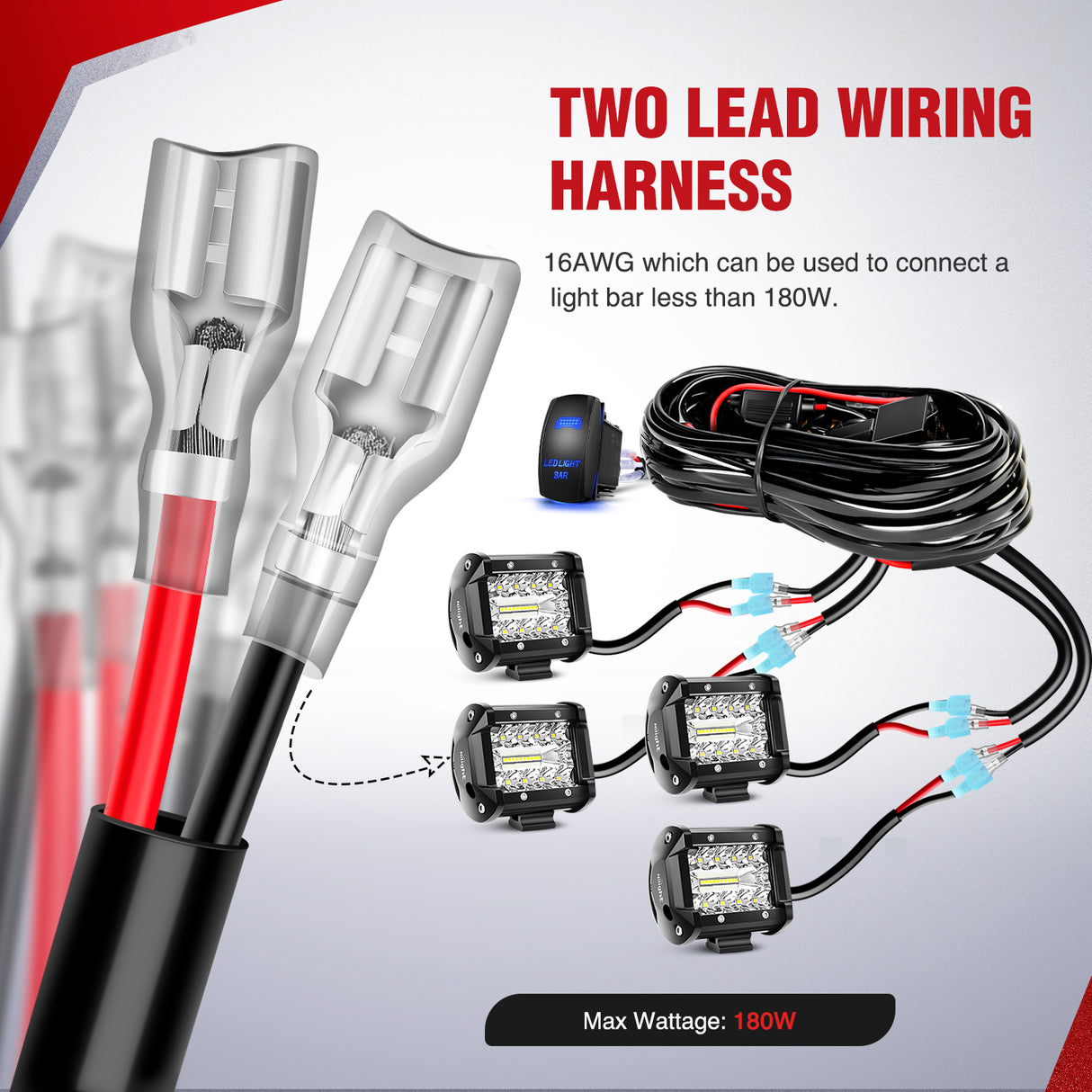 16AWG LED POD Lights Wiring Harness Kit 12V On Off 5Pin Rocker Switch Laser Waterproof Toggle Power Relay Blade Fuse for Cars Jeep Boat ATV Trucks - 4 Leads Bule