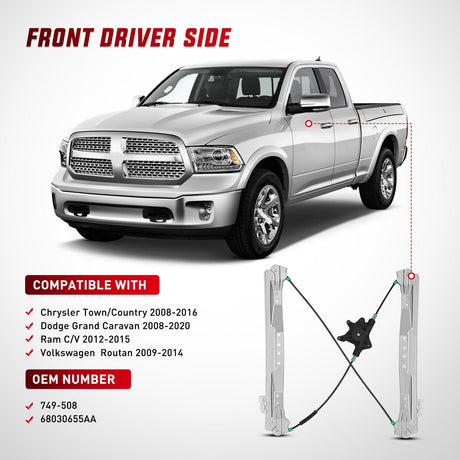 Window Regulator 749-508 Power Window Regulator and Motor Assembly Front Driver Side, OE Replacement for Chrysler Town Country 2008-2016 - Direct Fit