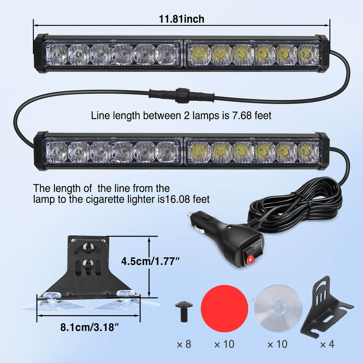 Led Strobe Light 24LED Emergency Strobe Traffic Advisor Light Bar 2 in 1 Blue White Dash Warning Safety Flashing Lights Front/Rear Windshield Construction Lights for Trucks Cars Plow Police Vehicles