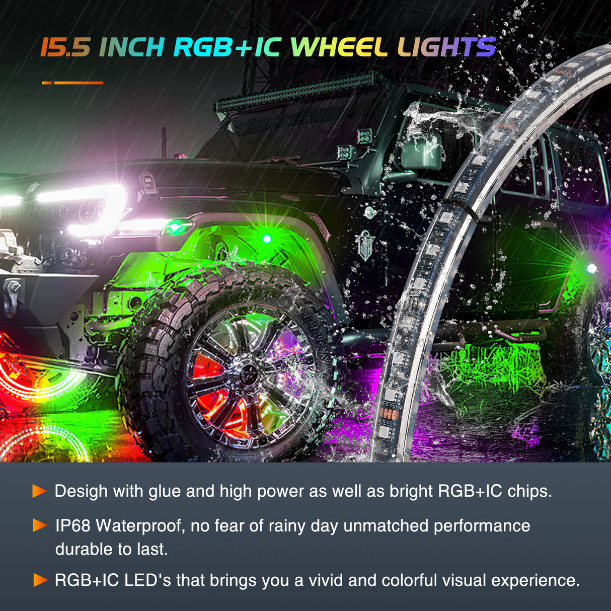 4PCS 15.5inch Double Row Wheel Ring Lights Dream Color with APP and Remote Control Neon Lights w/Turn Signal and Braking Function Dual Row for Car Van SUV Truck