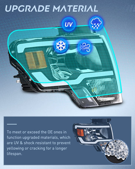 Headlight Assembly 2009 2010 2011 2012 2013 2014 Ford F150 Headlight Assembly Black Case Amber Reflector Clear Lens