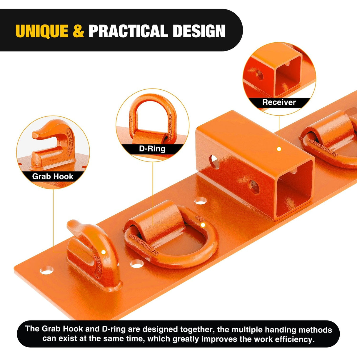 Tow Hooks & Truck Tie Downs & Anchors 3/8Inch Tractor Bucket Grab Hooks with 1/2Inch Tie Down Ring and 2Inch Receiver Grade 70 Forged Steel Bolt-On for John Deere Compact Tractor Bucket RV UTV Truck Max 4700LBS, Orange