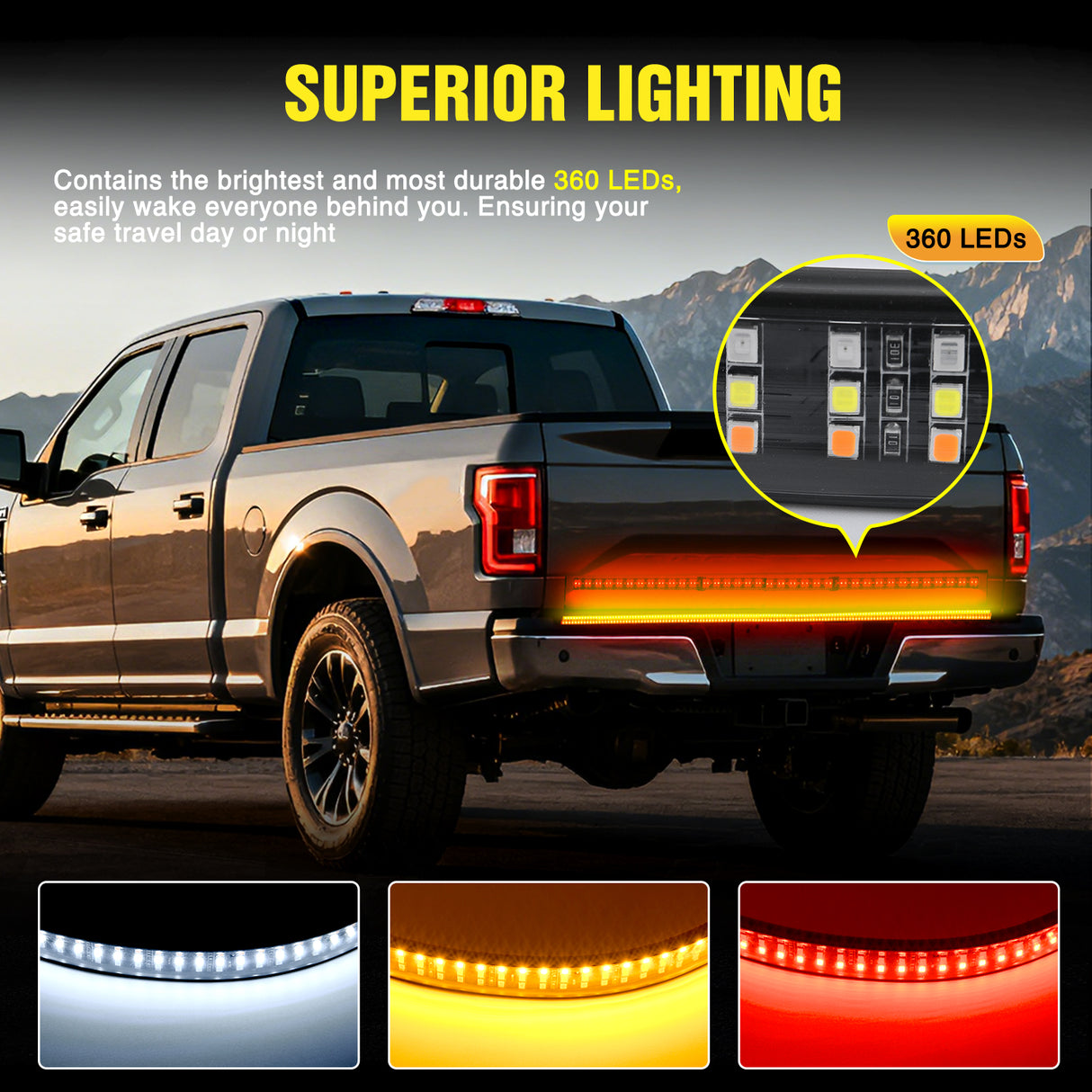 48 Inch 360Leds Red White Amber Triple Row LED Tailgate Light Strip