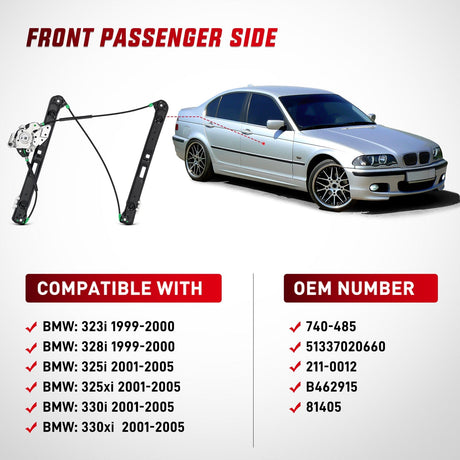 Window Regulator 740-485 Front Passenger Side Power Window Regulator,Compatible with BMW E46 323i 325i 325xi 328i 330i 330xi 1999 2000 2001 2002 2003 2004 2005