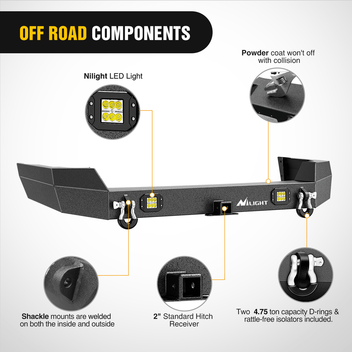 Rear Bumper 1999 2000 2001 2002 2003 2004 Jeep Grand Cherokee WJ Rear Bumper 2inch Hitch Receiver 18W LED Light Pods D-rings Textured Black Solid Steel