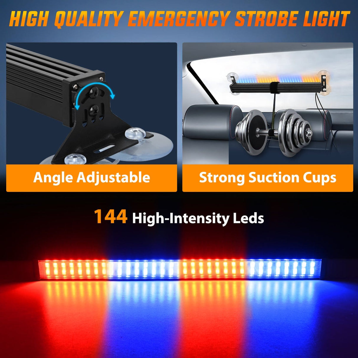 Led Strobe Light 144 LED Strobe Traffic Advisor Light Bar Red Blue with Controller 2 in 1 Automotive Emergency Warning Flashing Police Windshield Lights Bars for Cars Tow Plow Trucks Construction Vehicles