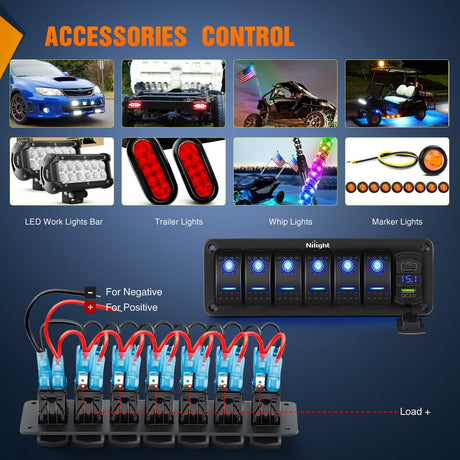 Rocker Switch 6 Gang Switch Panel With QC3.0 & PD Charger And Voltmerter with Blue Backlit