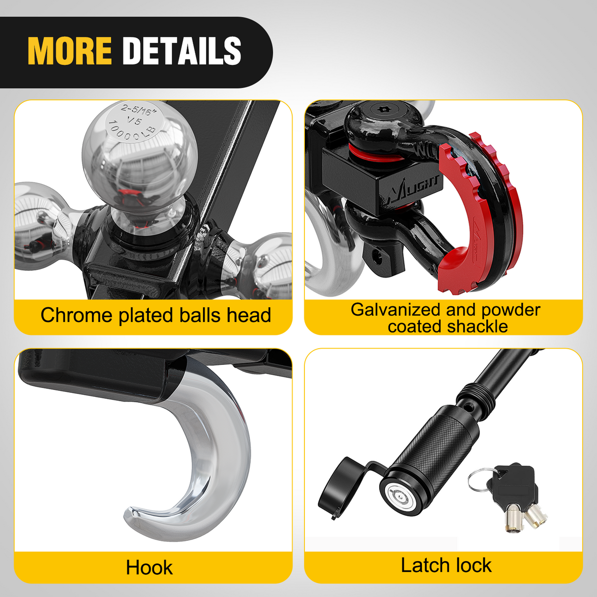 Trailer Hitch Tri-Ball Mount with Hook and Rotatable Tow Anti-Theft 3/4Inch Shackle Fits for 2inch Receiver Ball Size 1-7/8Inch 2Inch 2-5/16Inch GTW from 5000lbs to 10000lbs for RV SUV ATV Truck