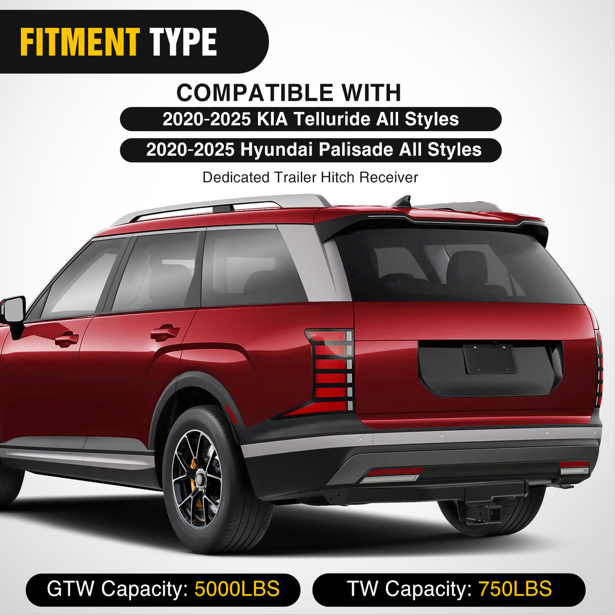 2 Inch Receiver Tow Hitch for 2020-2025 KIA Telluride All Styles