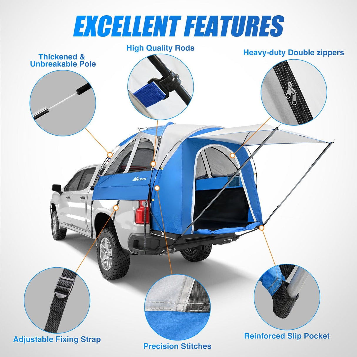 Trunk Bed Cover Truck Bed Tent 5.0-5.5FT Pickup Truck Tents with Removable Awning Waterproof PU2000mm Double Layer Rainfly Storage Bag 2-Person Sleeping Tailgate Bed Tents for Camping Travel Outdoor,Blue Grey