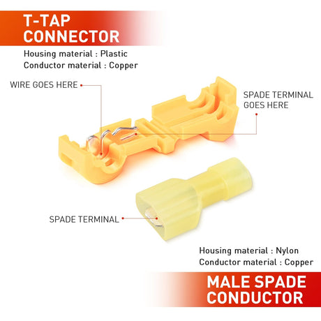 Motor Vehicle Parts 120PCS/60 Pairs Quick Splice Disconnect Wire Terminals T-Tap Spade Wire Connectors Yellow 12-10 AWG Male Female Self-Stripping Kit