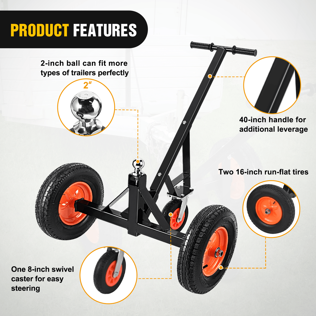 Trailer Dolly Trailer Dolly 1000LBS Tongue Weight Capacity With 19.25Inch-26Inch Height Adjustable, 2 Inch Ball, 16 Inch Tires For RV, Boat, Jet Ski, Car, Car Accessories