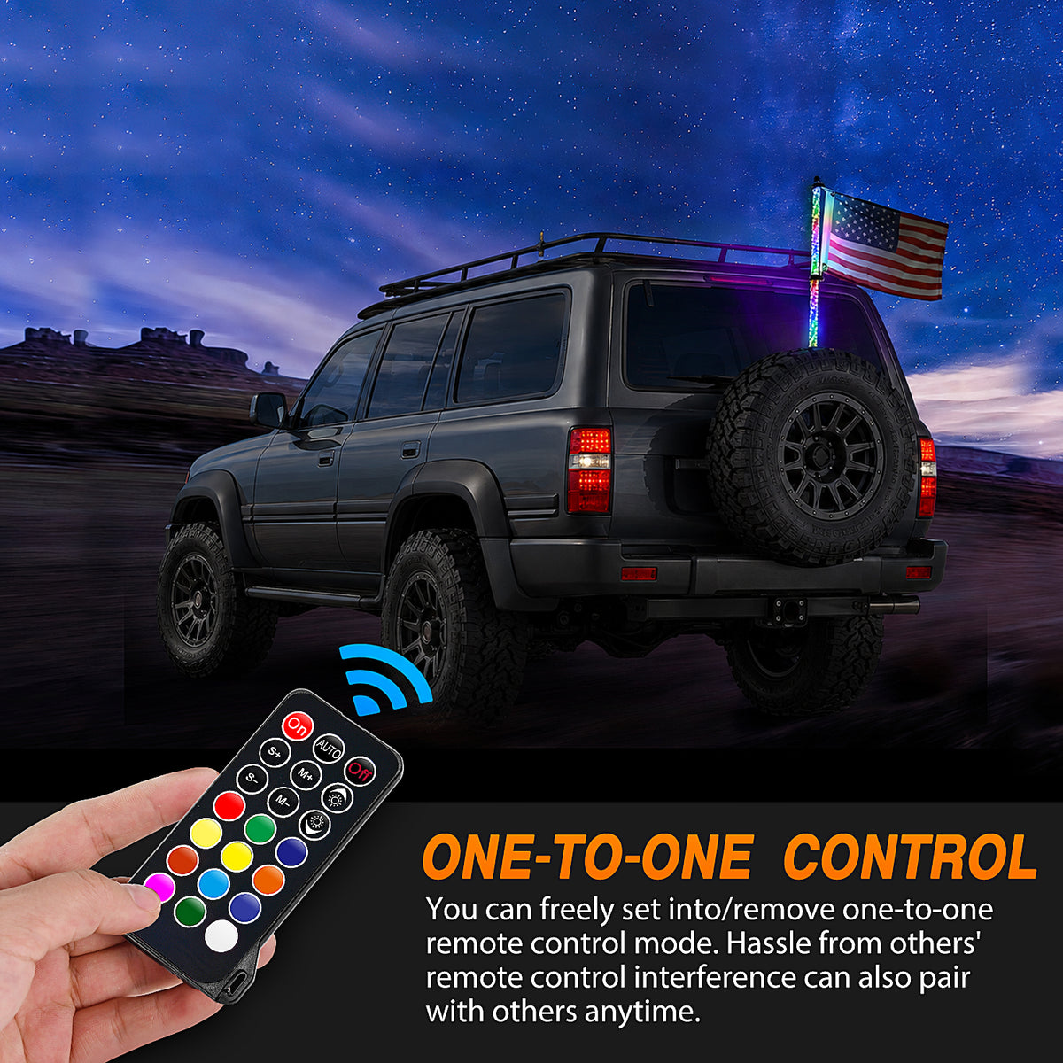 2FT Spiral Antenna Led Whip Light RF Remote Control | 8.6FT Wire 5Pin Switch
