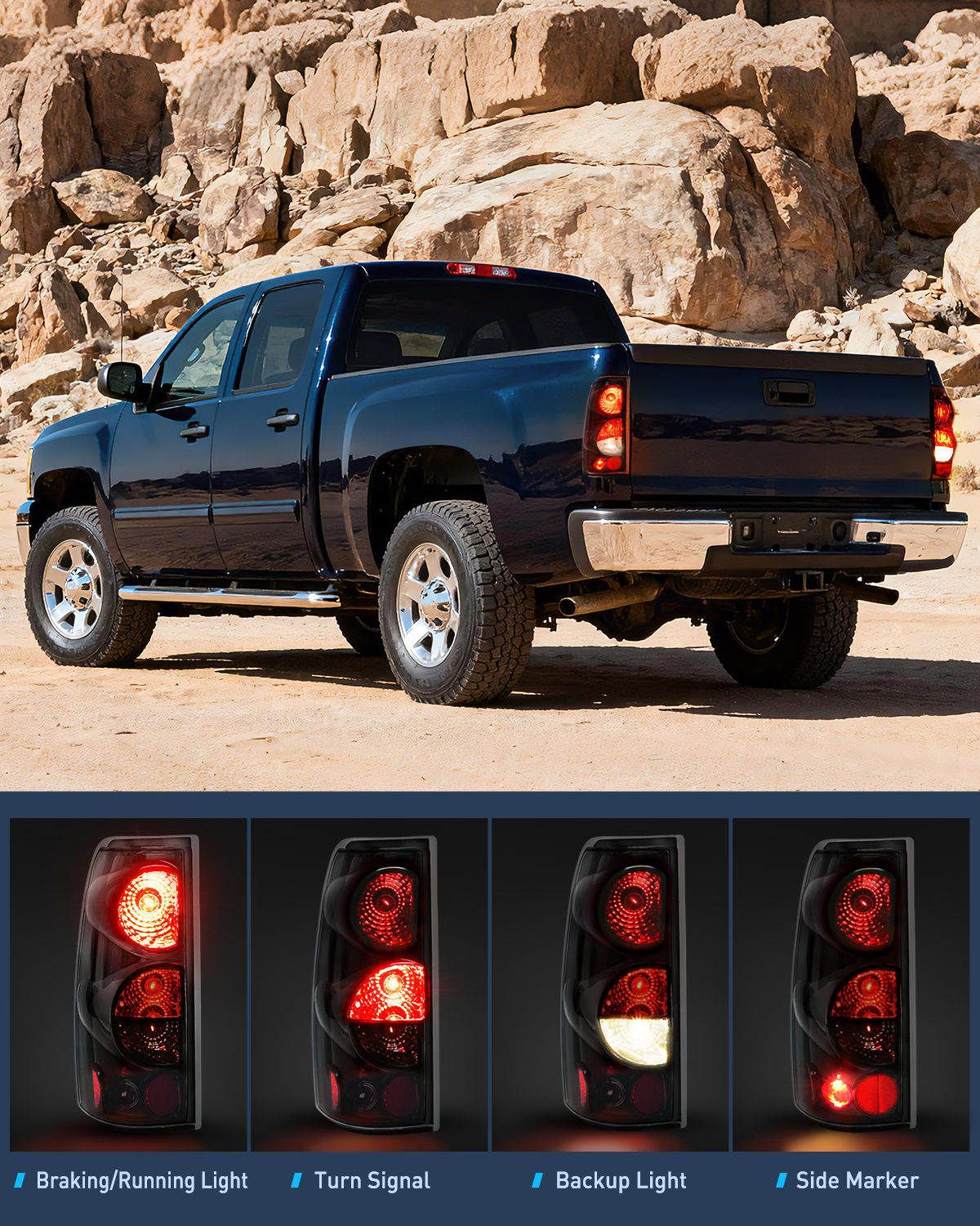 Headlight and Taillight Assembly Combo Compatible with 1999 2000 2001 2002 Chevy Silverado 1500 2500 1500HD 2500HD 3500 OE Style Chrome Housing Clear Reflector Smoke