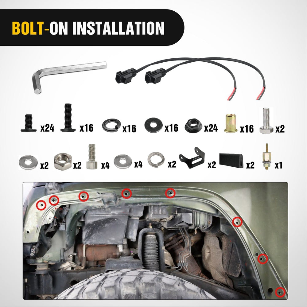 Fender 2007 2008 2009 2010 2011 2012 2013 2014 2015 2016 2017 2018 Jeep Wrangler JK 2/4 Door Wide Flat Front Fender Flares w/LED Lights Turn Signal Lights DRL