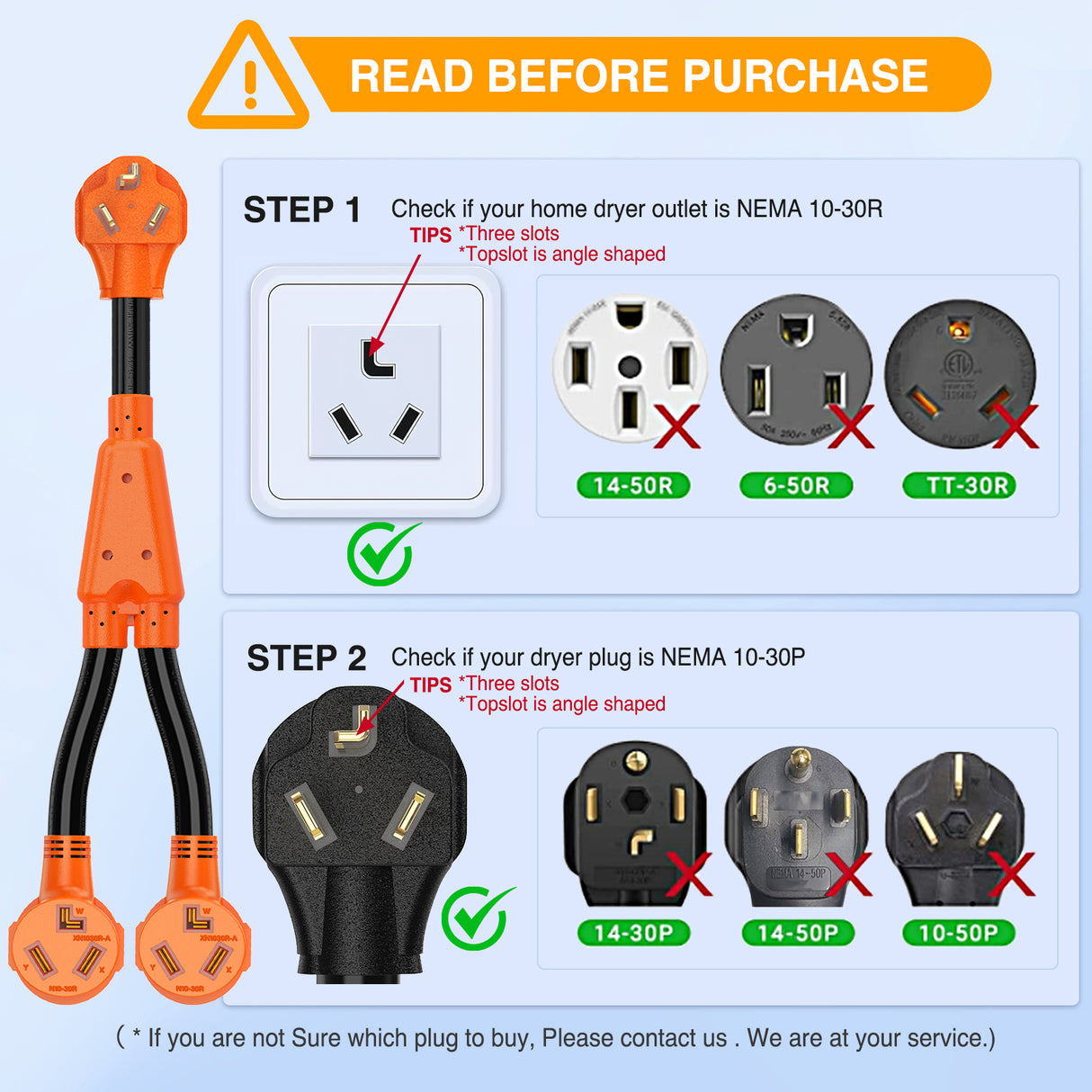 EV Dryer Y Splitter Adapter Cord 30 Amp Male Plug to Two 30Amp Female Receptacle 3 Prong 125V/250V 7500 Watt Pure Copper Conversion Heavy Duty STW 10 AWG Cable 10-30P 10-30R 30M/30F