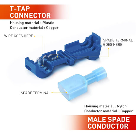 Motor Vehicle Parts 120PCS/60 Pairs Quick Splice Disconnect Wire Terminals T-Tap Spade Wire Connectors Bule 16-14 AWG Male Female Self-Stripping Kit