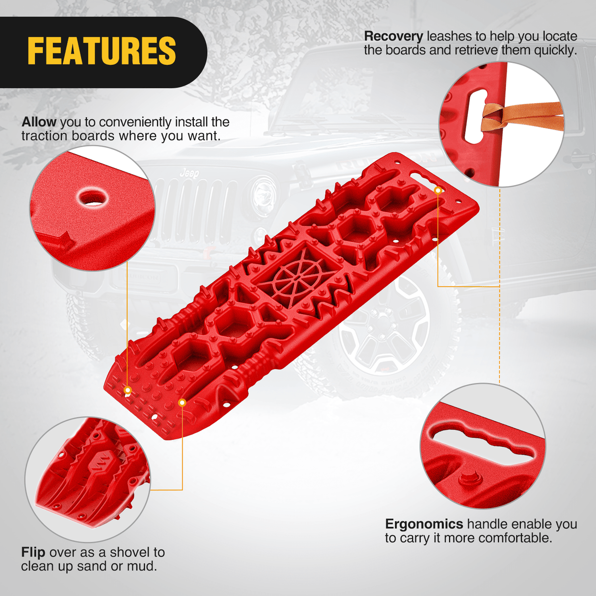 Traction Boards Off-Road Recovery Traction Boards For 4WD 4X4 with Jack Lift & Carry Bag (Red)