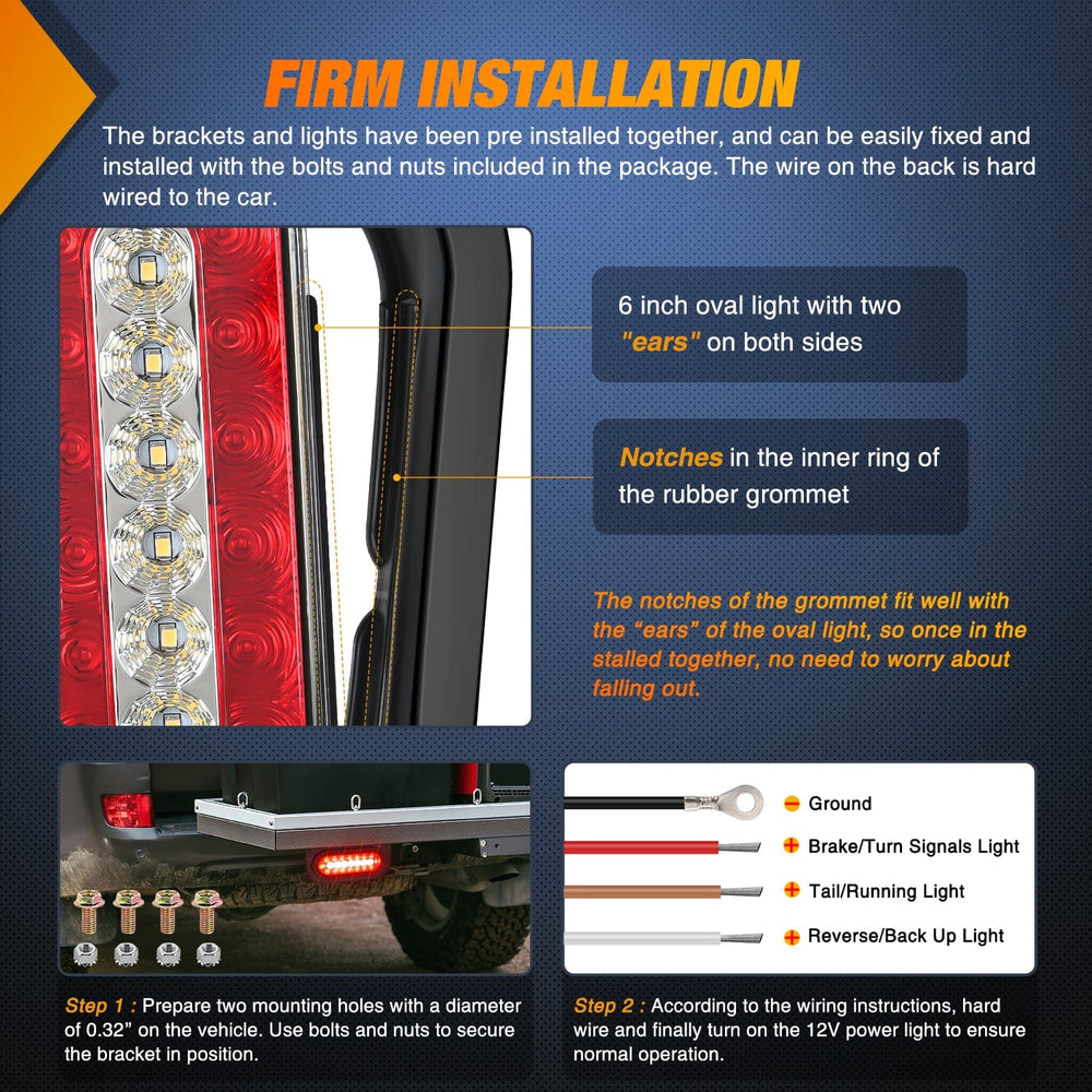 Tail Brake Turn Reverse Lights 6Inch Red White Oval Tail Light w/ Mounting Bracket (Pair)