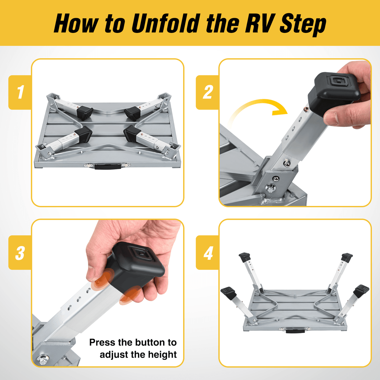 RV Parts RV Step Stool Aluminum Folding Platform Steps 19x14.5 RV Steps 4 Levels Adjustable Step Stool with Anti-Slip Surface Rubber Feet Handle