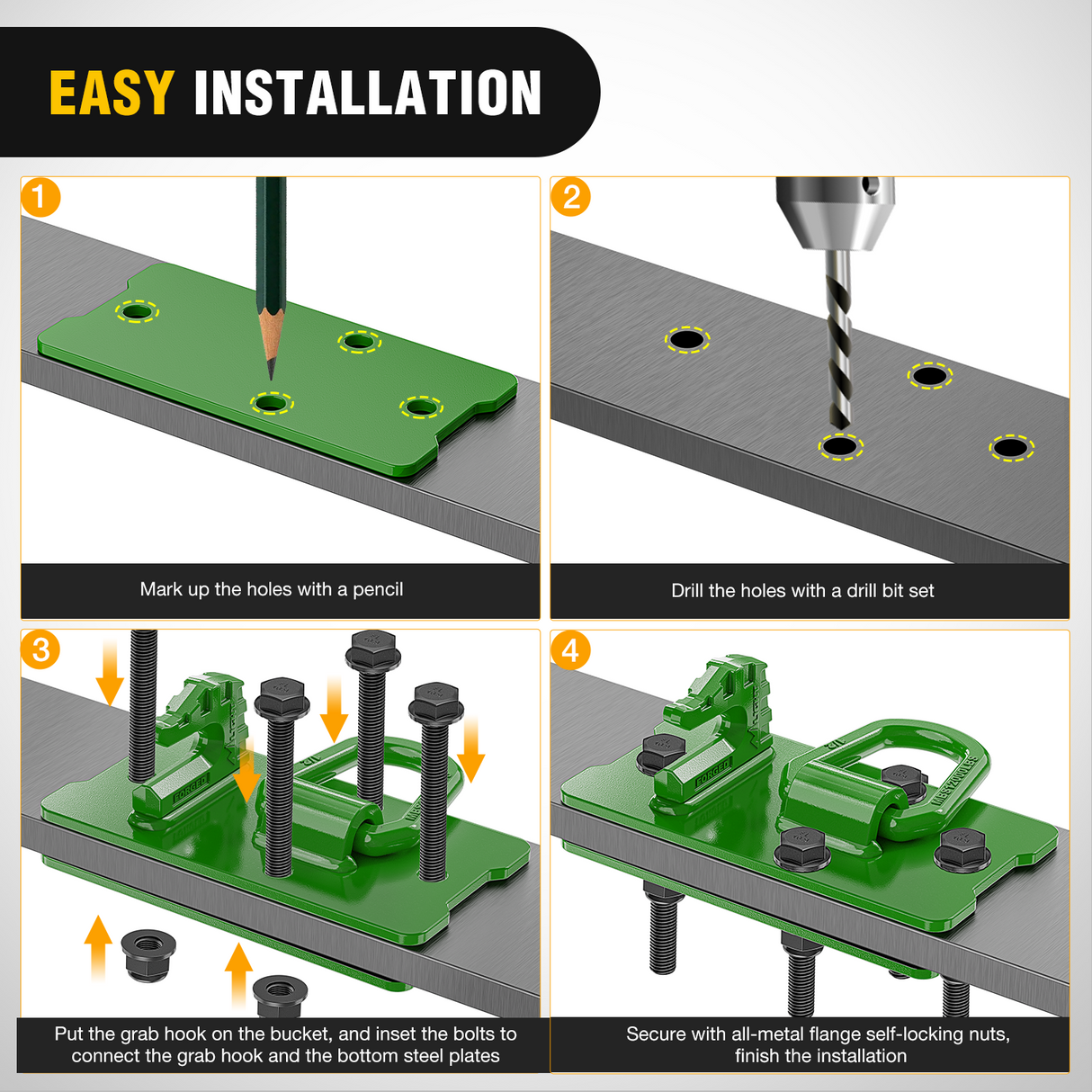 Nilight 2PCS Tractor Bucket Hooks with Tie Down Ring, Bolt-On Grab Hook with Back Plates Compatible with Trailer RV UTV Truck, Grade 70 Grade Forged Steel Max 15000 lbs, Green