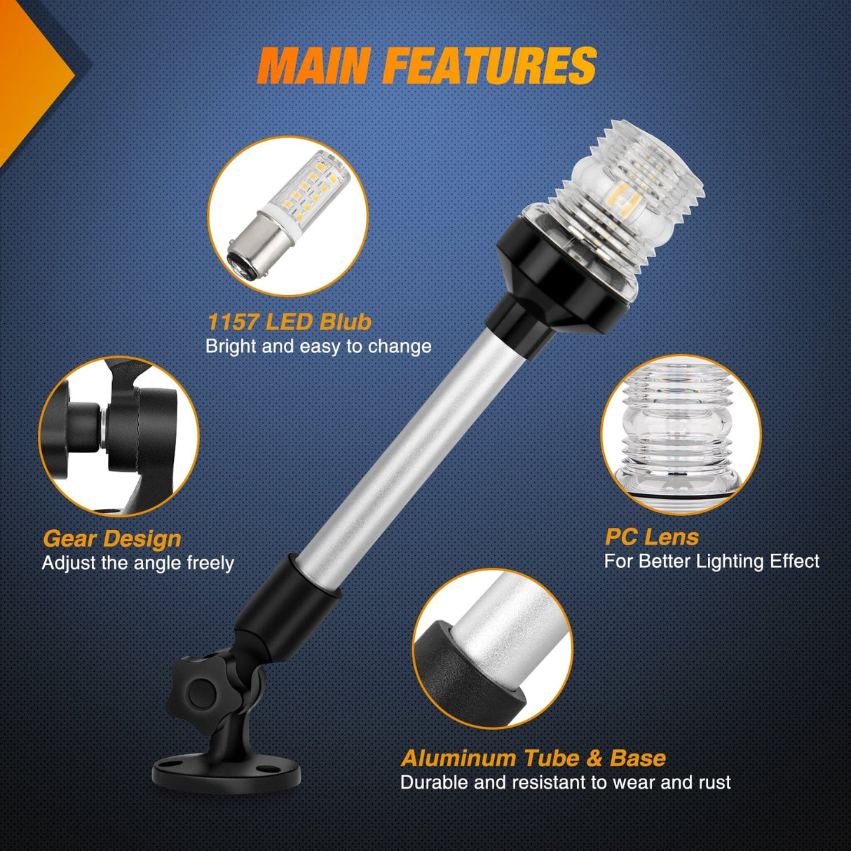 LED Work Light 12 Inch White Folding Stern Light for Marine Boats