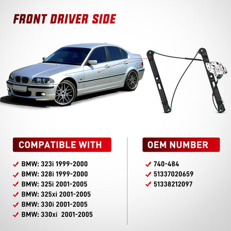 Window Regulator 740-484 Front Driver Side Power Window Regulator,Compatible with BMW E46 323i 325i 325xi 328i 330i 330xi 1999 2000 2001 2002 2003 2004 2005