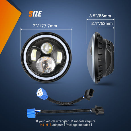 LED Headlight 7 Inch Round LED Halo Headlights w/Turn Signal Amber Light Blue DRL High Low Beam 7Inch Headlight Compatible with 2007 2008 2009 2010 2011 2012 2013 2014 2015 2016 2017 2018 Wrangler JK JKU