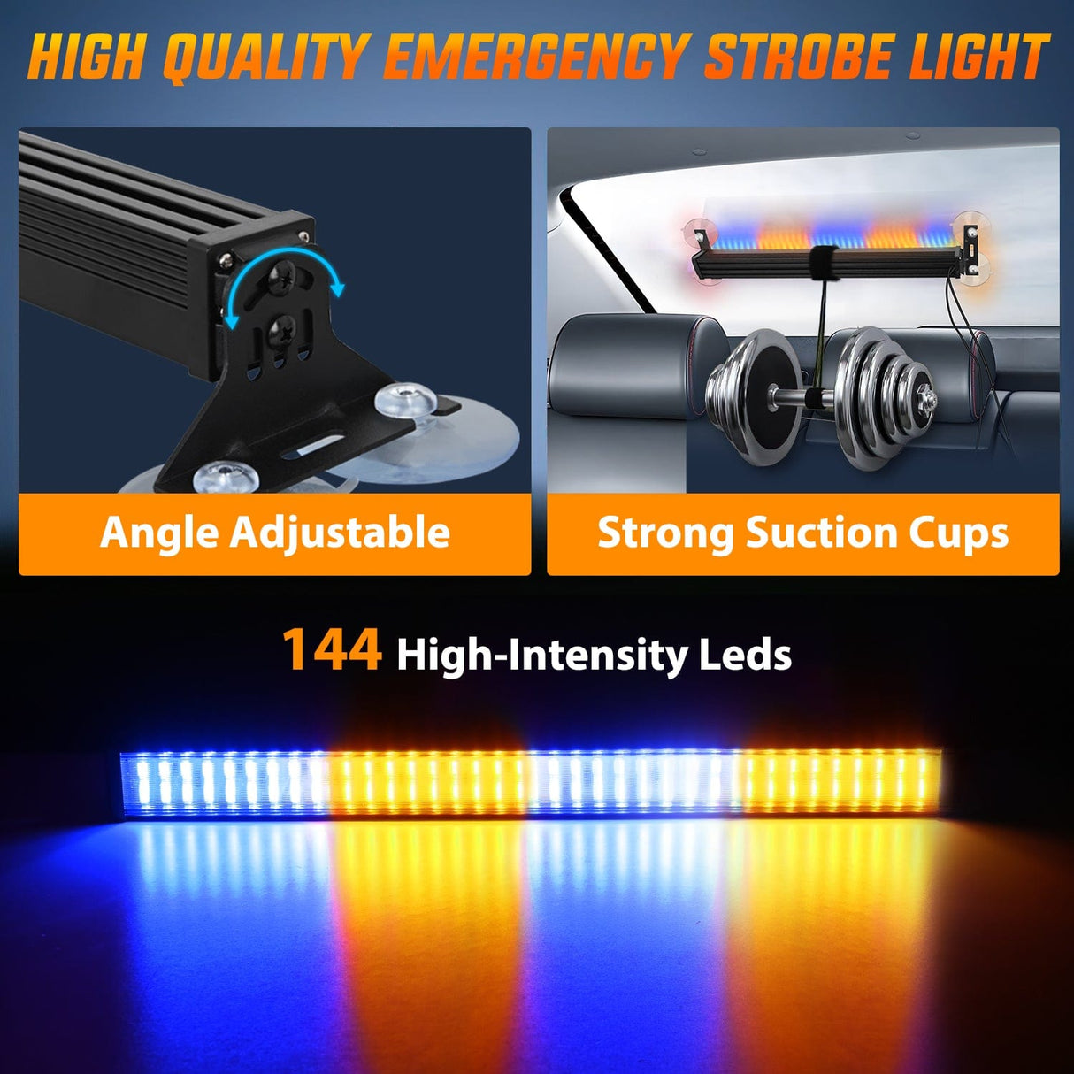 Led Strobe Light 144 LED Strobe Traffic Advisor Light Bar Amber Blue with Controller 2 in 1 Automotive Emergency Warning Flashing Police Windshield Lights Bars for Cars Tow Plow Trucks Construction Vehicles