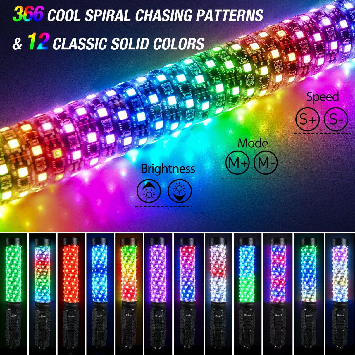 LED Whip Light 2Pcs 1FT Spiral Antenna Bluetooth Remote App Control Led Fat Whip Light