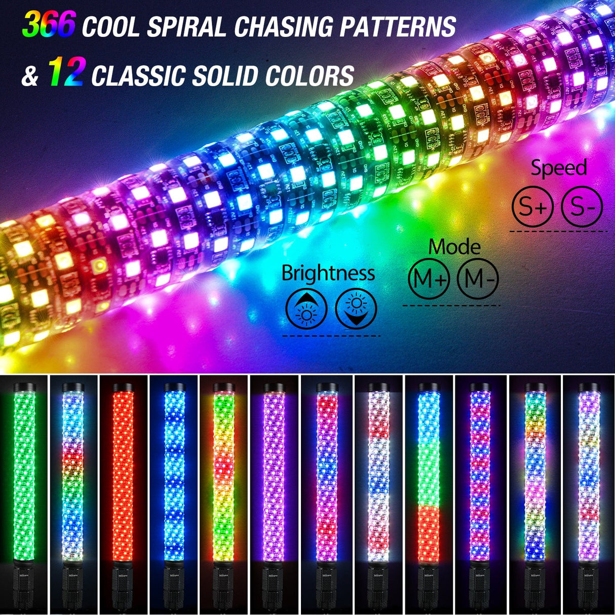 LED Whip Light 2Pcs 2FT Spiral Antenna Bluetooth Remote App Control Led Fat Whip Light