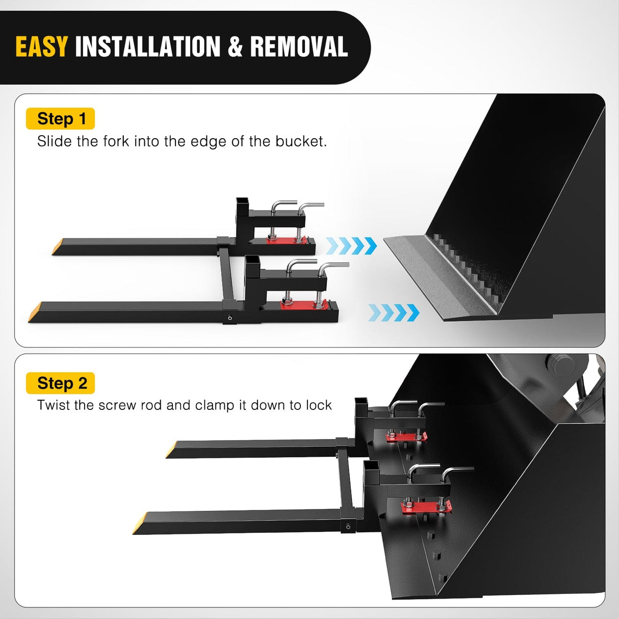 Tractor Hook 43Inch 2000lbs Clamp on Pallet Forks Heavy Duty Tractor Forks with Adjustable Stabilizer Bar