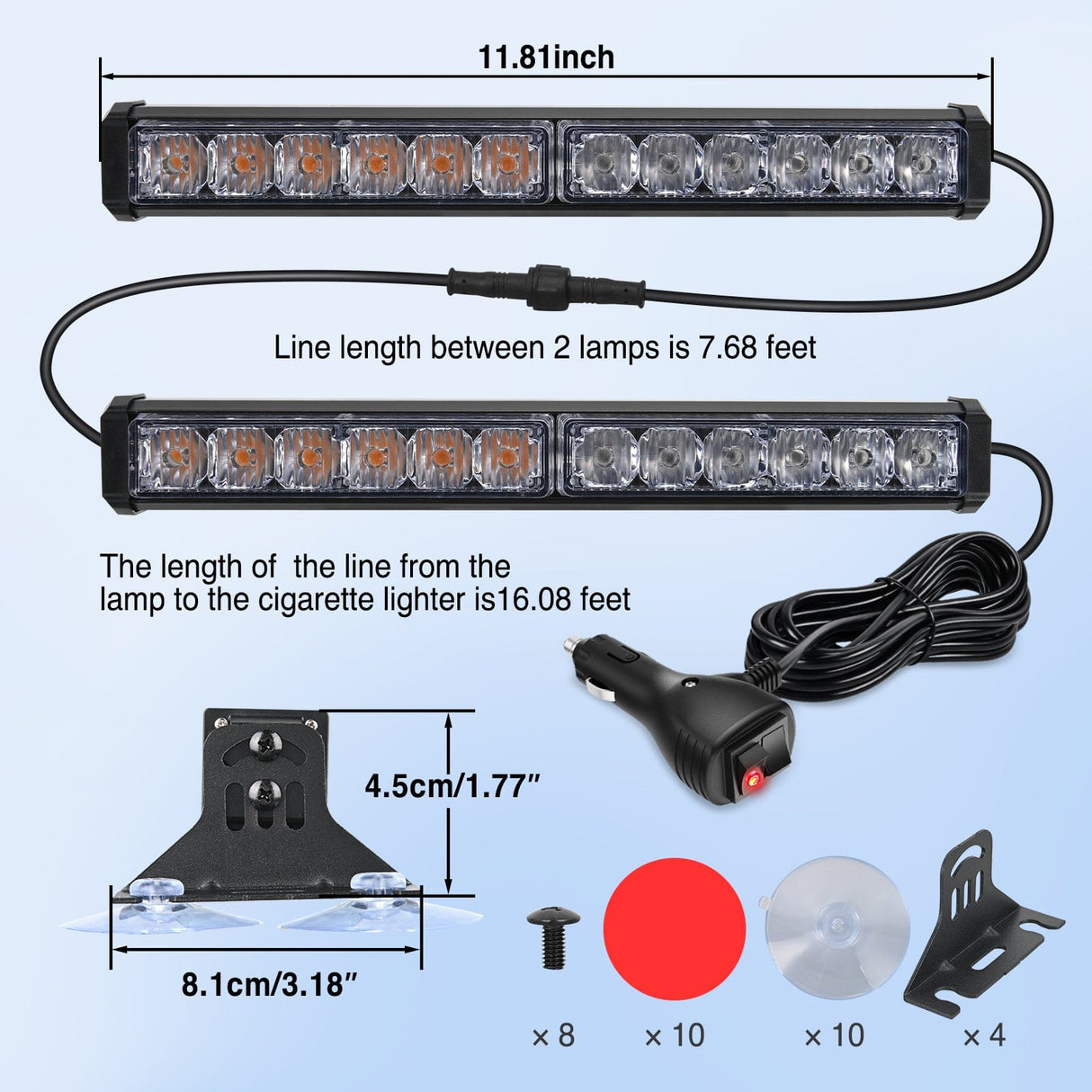 Led Strobe Light 24LED Emergency Strobe Traffic Advisor Light Bar 2 in 1 Amber Blue Dash Warning Safety Flashing Lights Front/Rear Windshield Construction Lights for Trucks Cars Plow Police Vehicles
