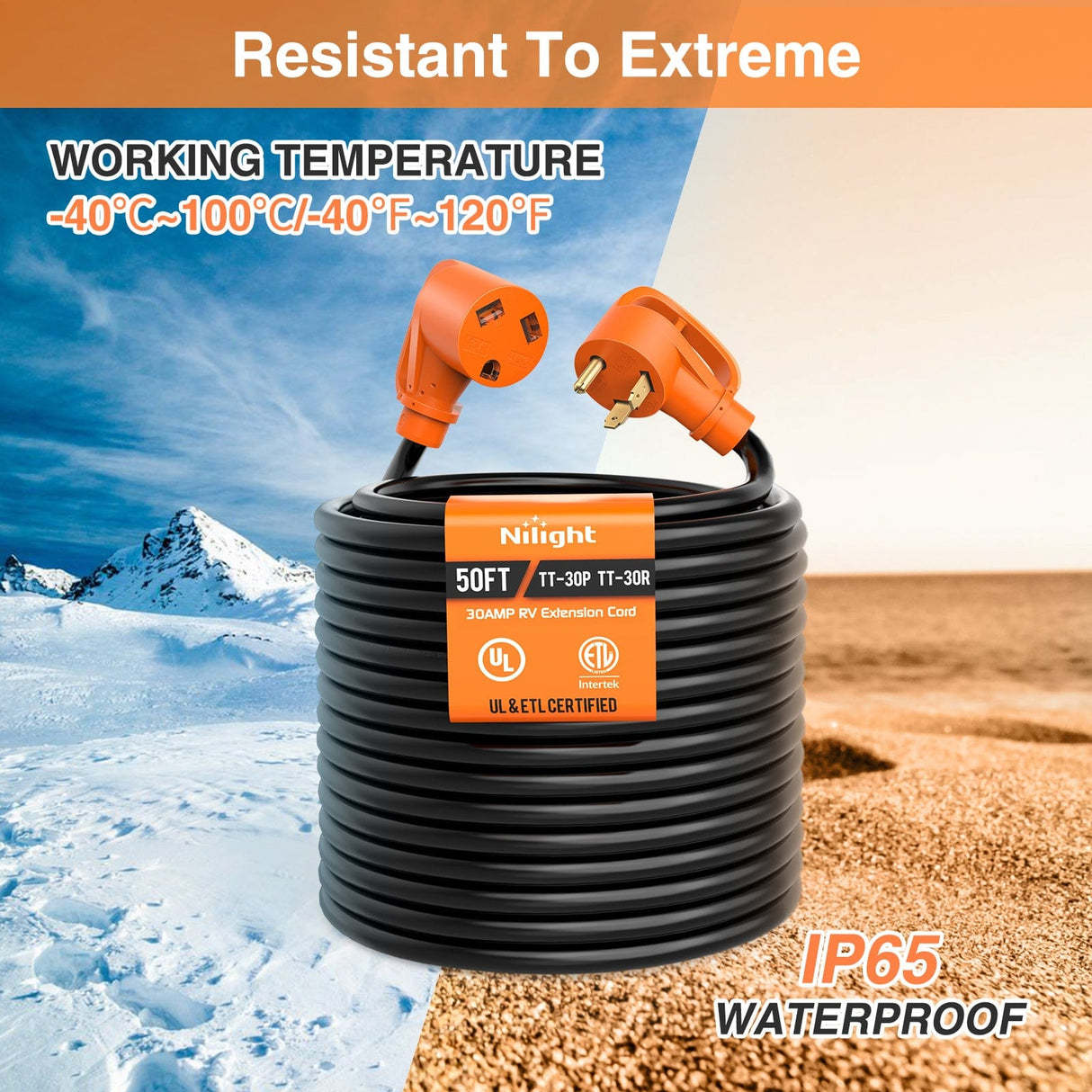 RV Parts 50FT 30 Amp RV Extension Cord with Adapter 50Amp to 30Amp 125V Heavy Duty 10/3 Gauge Pure Copper STW Wire UL ETL Listed 3 Prong TT-30P TT-30R Weatherproof Suit for Generators Campers