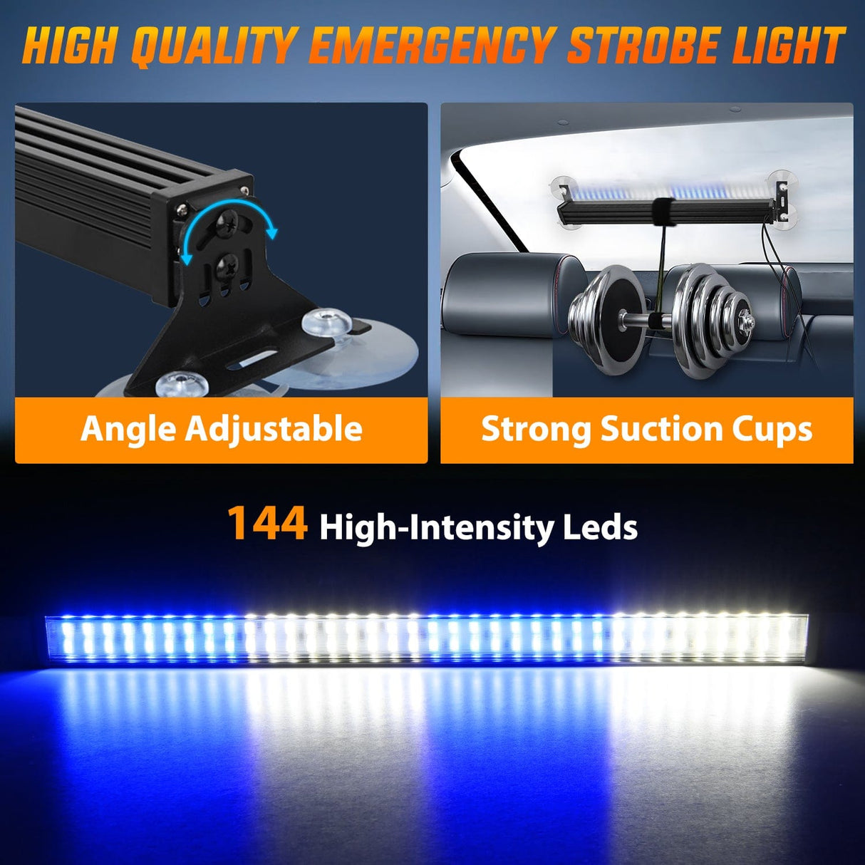 Led Strobe Light 144 LED Strobe Traffic Advisor Light Bar Blue White with Controller 2 in 1 Automotive Emergency Warning Flashing Police Windshield Lights Bars for Cars Tow Plow Trucks Construction Vehicles