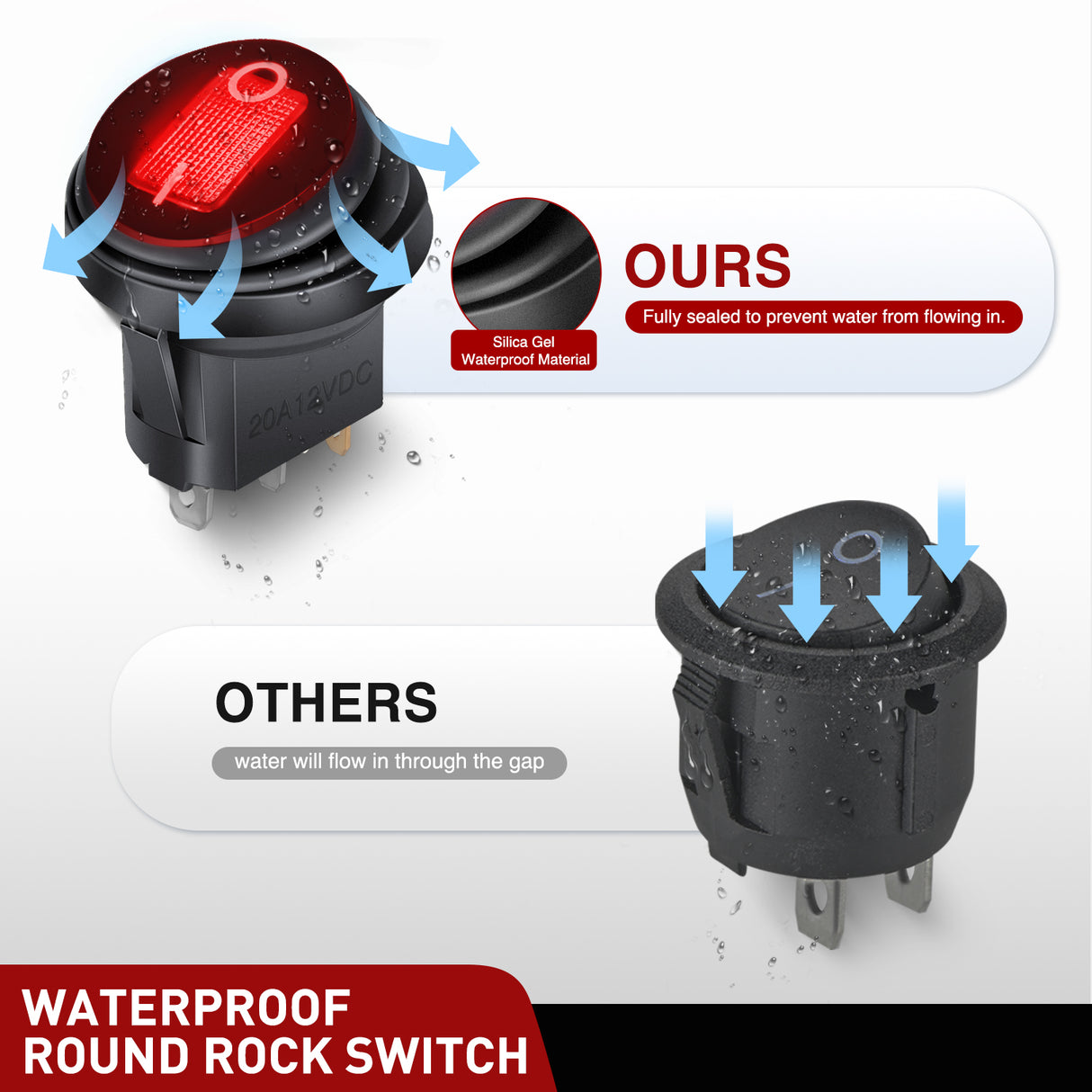 Nilight 5Pcs Waterproof Round Rocker Toggle Red LED Switch 12V 20A 3 Pin ON Off SPST for Car Truck Boat Marine Automotive RV with Locked Terminal Wires