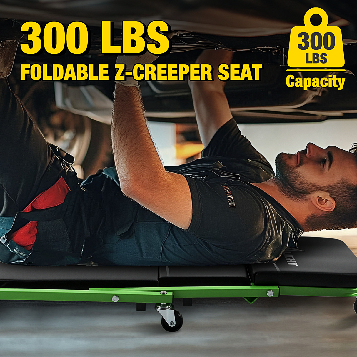 Creeper Seat 36Inch Z Creeper - 2-in-1 Rolling Folding Car Seat, 36 inches Adjustable Roller Garage Chair Lay Down or Sit, 330LBS Capacity, Green Black