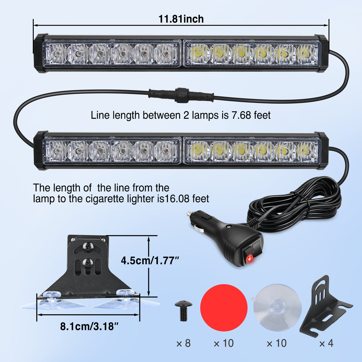 24LED Emergency Strobe Traffic Advisor Light Bar 2 in 1 Red White Dash Warning Safety Flashing Lights Front/Rear Windshield Construction Lights for Trucks Cars Plow Police Firefighter Vehicles