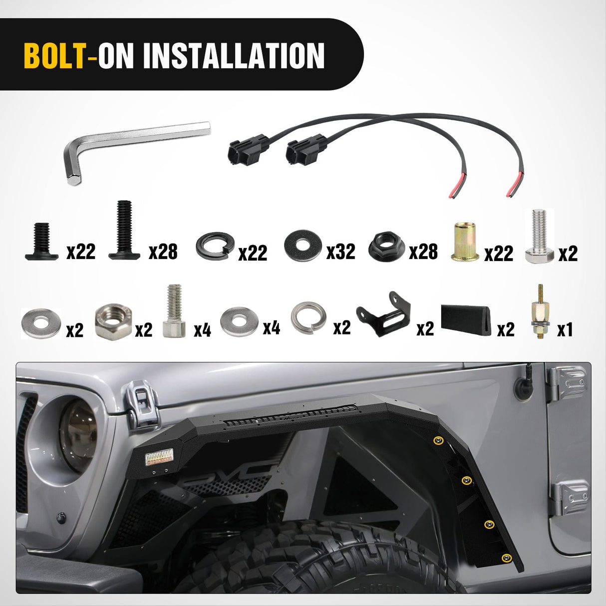 Fender 2018 2019 2020 2021 2022 2023 2024 2025 Jeep Wrangler JL & JLU Unlimited 2/4Doors (No fit 2020+ Gladiator JT) Wide Flat Front Fender Flares w/LED Lights Turn Signal Lights DRL