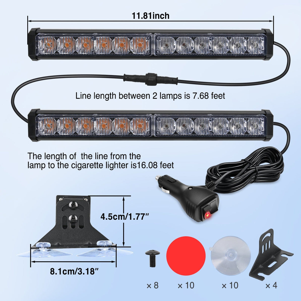 Led Strobe Light 24LED Emergency Strobe Traffic Advisor Light Bar 2 in 1 Amber Red Dash Warning Safety Flashing Lights Front/Rear Windshield Construction Lights for Trucks Cars Plow Police Firefighter Vehicles
